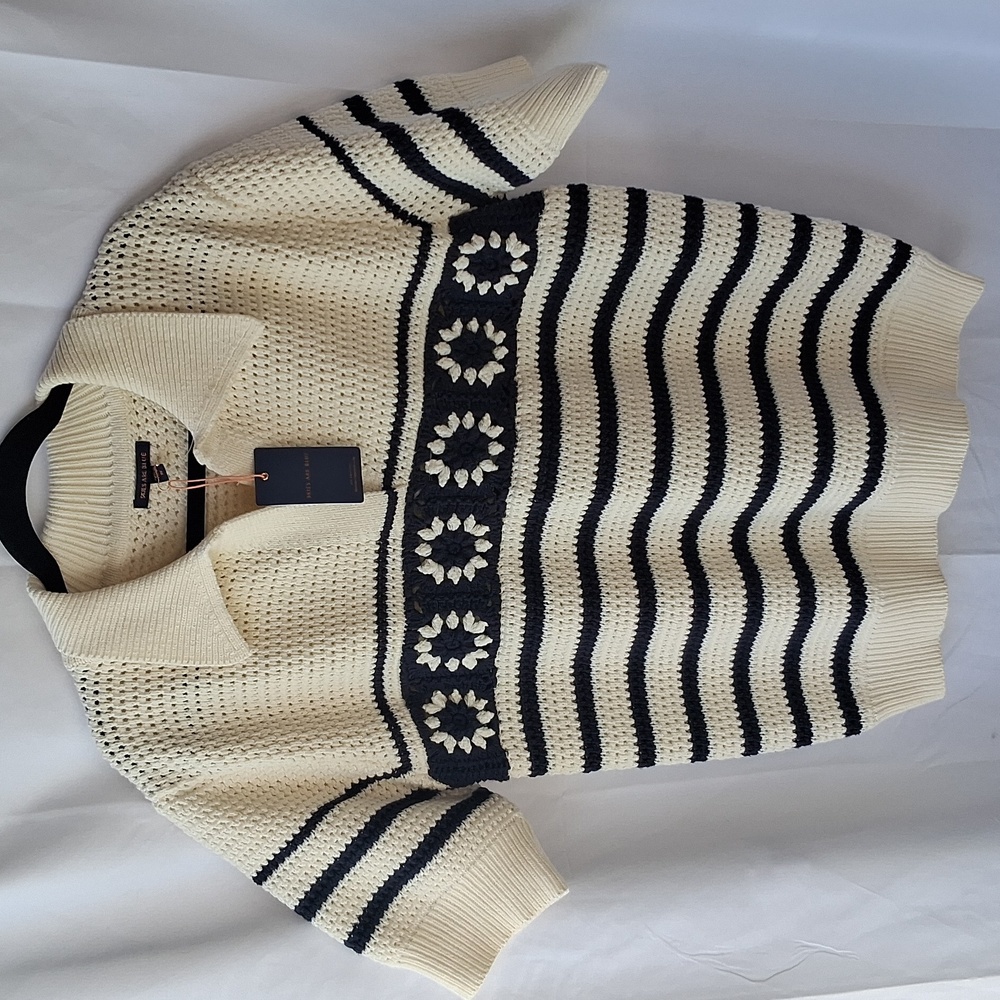 Skies Are Blue Pointelle Knit Collared Short Sleeve Sweater Top 1X Blue White